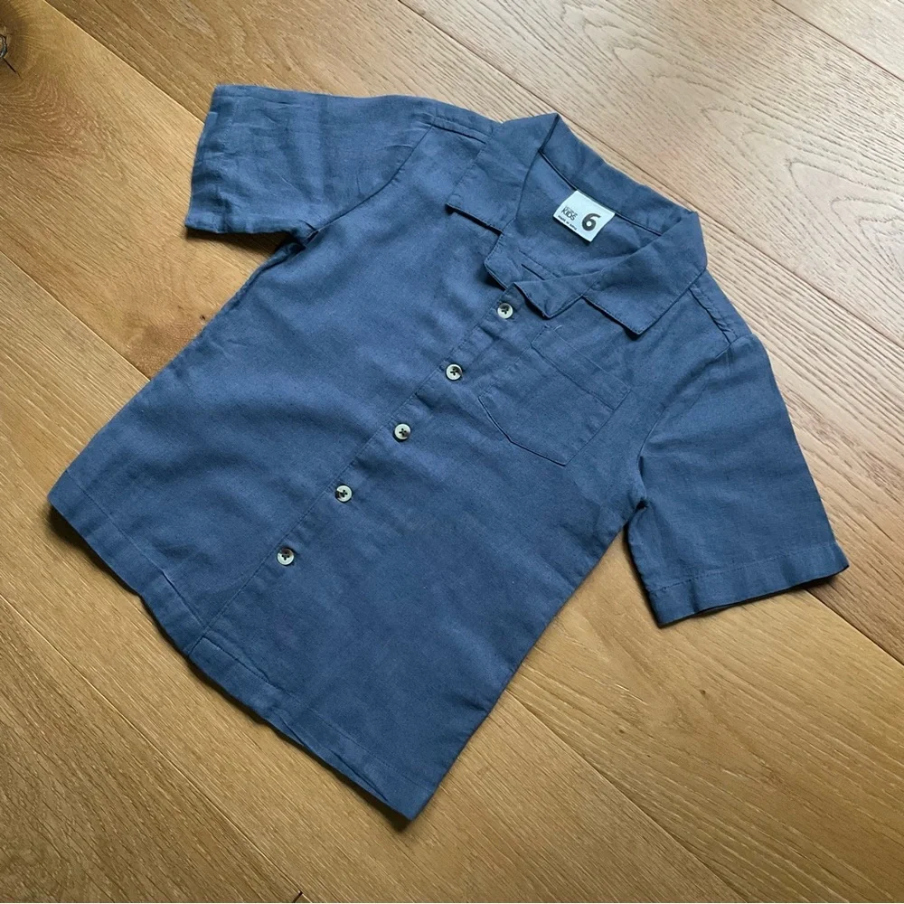 Cotton On Boys Linen Button-Up Shirt Coastal Relaxed Gray Size 6